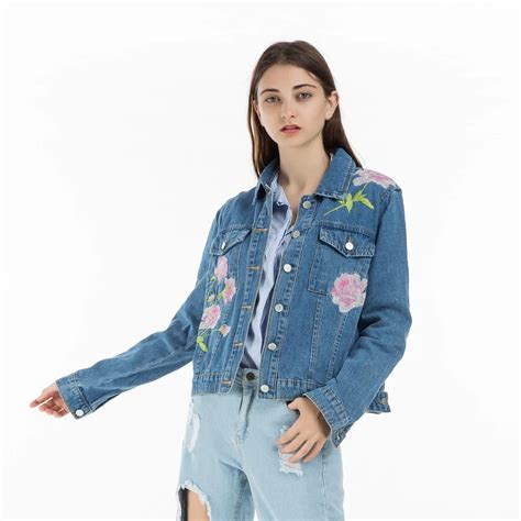 2017 autumn floral embroidery denim jacket women turn down collar long sleeve jacket single