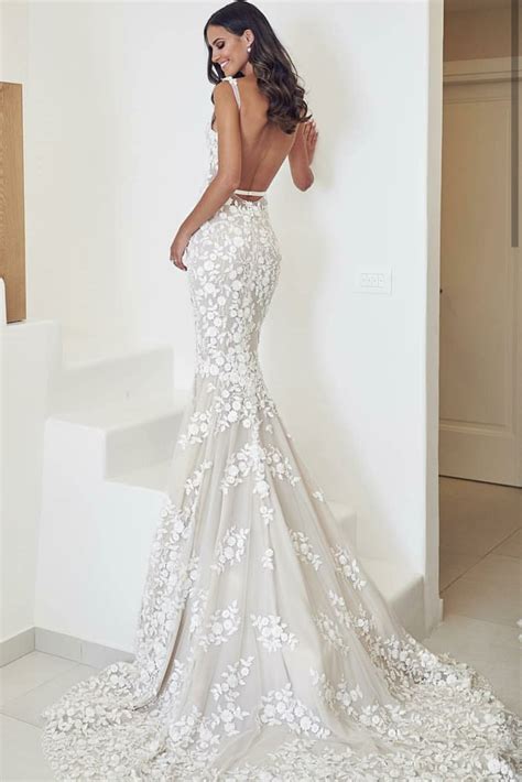 Backless Floral Lace Wedding Dresses With Mermaid Train Loveangeldress
