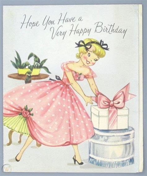 Vintage Greeting Card Birthday Cake Lady Pink Party Dress Sangamon 1950s 1882221800 Happy