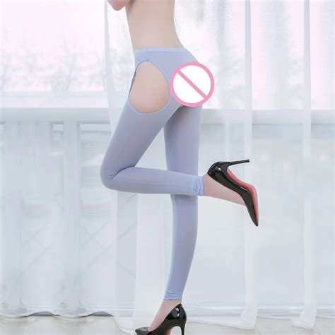Women Ice Silk Shiny Open Crotch Long Sheer Pants See Through Elastic
