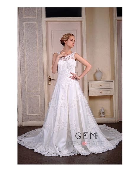 Ball Gown Scoop Neck Cathedral Train Satin Tulle Wedding Dress With