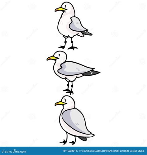 Cute Group Of Seagulls Cartoon Vector Illustration Motif Set Hand