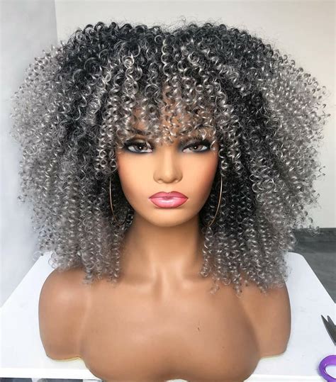 Afro Short Curly Gray Wigs For Black Women Ombre Grey Wig With Bangs Heat Safe Ebay