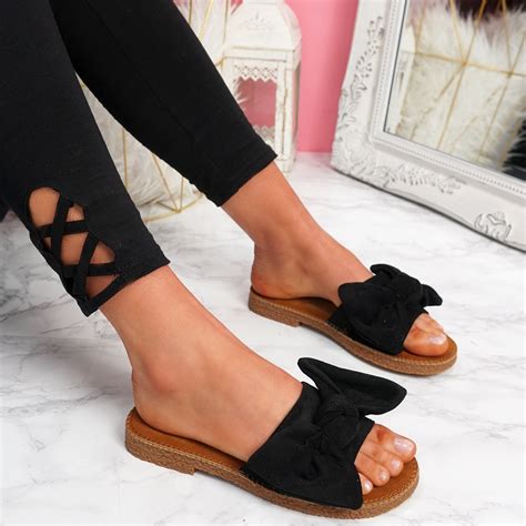 Womens Ladies Slip On Bow Flat Sandals Peep Toe Casual Women Party