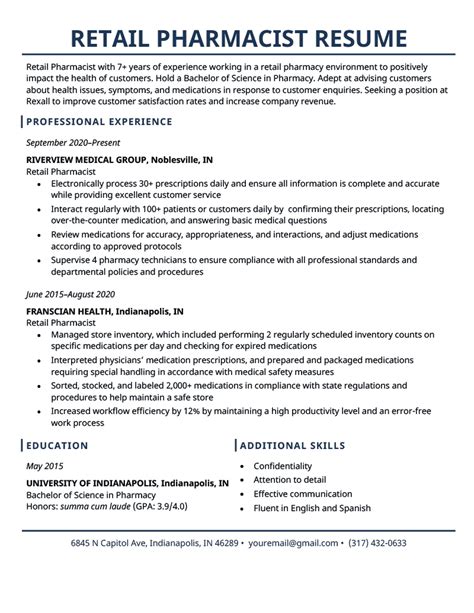 Retail Pharmacist Resume Example And Tips Free Download
