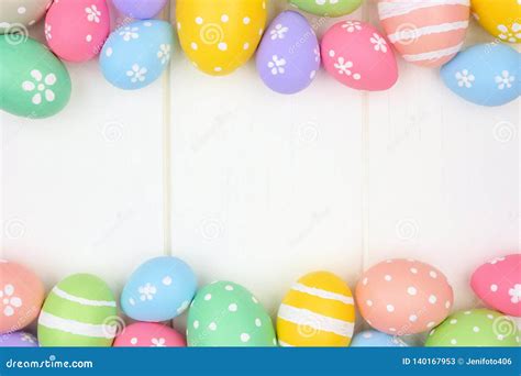 Pastel Easter Egg Double Border Against A White Wood Background Stock