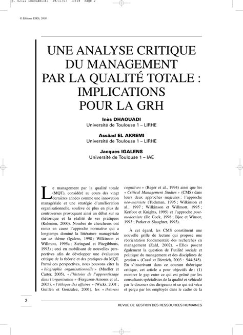 (PDF) Une analyse critique du management par la qualité totale