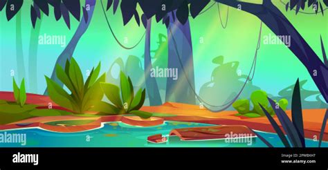 Swamp In Jungle Forest Cartoon Vector Game Background Tropical Scene With Green Water Lake