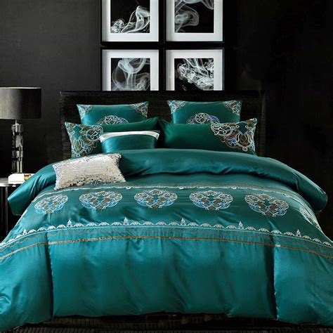 Luxury 6pc Embroidered Teal Blue Queen King Silk Cotton Duvet Cover