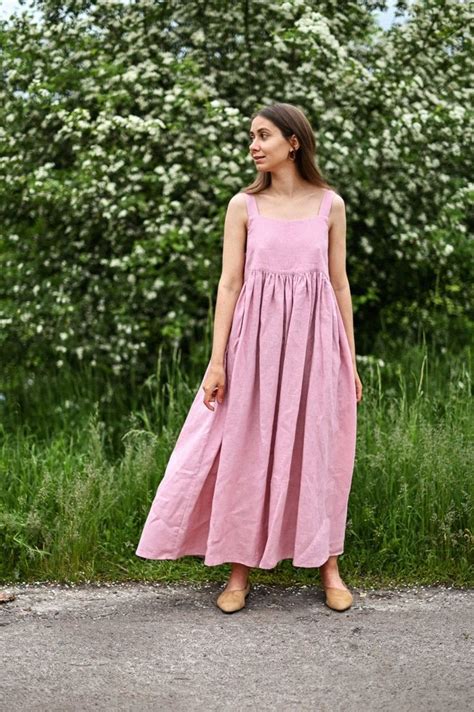 Loose Linen Dress With Pockets Women Summer Dress Pink Linen Dress In