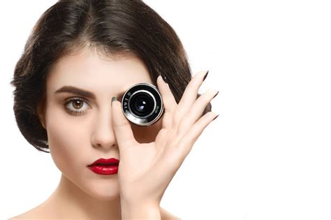 Premium Photo Beauty Woman Portrait Holding Camera Lens On Eye