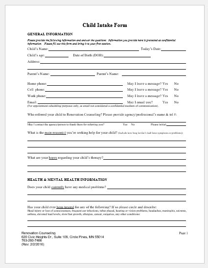 Child Intake Form Template For Word Download Sample