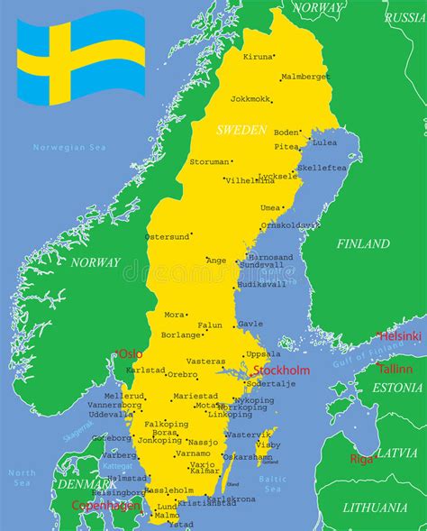Kaarten zweden om te downloaden. De Kaart Van Zweden Met Belangrijke Steden. Vector ...