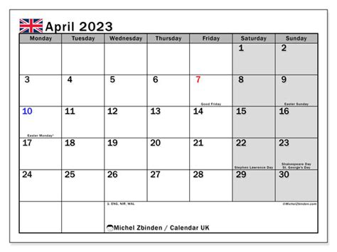 April 2023 Printable Calendar “united Kingdom” Michel Zbinden Uk