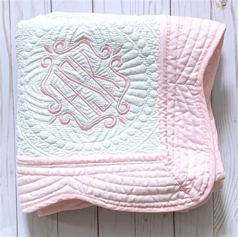 Personalized Baby Blanket White With Pink Trim Quilt 36 X Etsy Baby