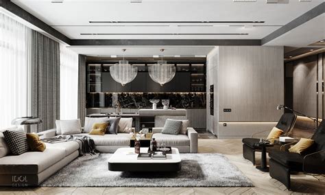 luxurious modern kitchen living room  silver tones  idol design