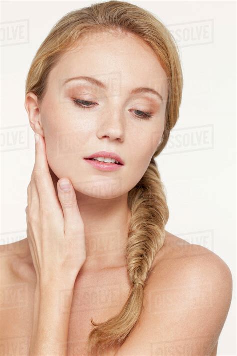 Nude Caucasian Woman Touching Her Jaw Stock Photo Dissolve