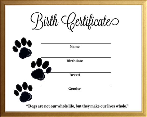 Simple Dog Canine Birth Certificate Instant Download Printable Template