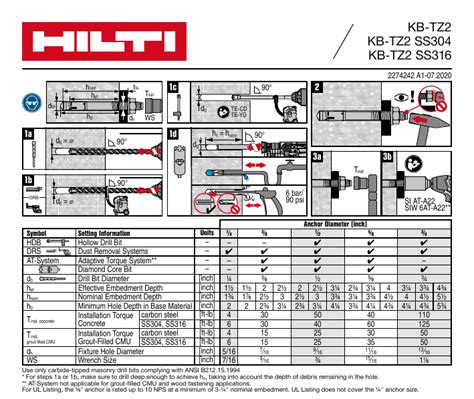 Hilti Anchor Bolt Embedment Depth Chart