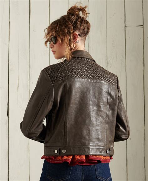 Womens - Leather Stateside Trucker Jacket in Tan | Superdry