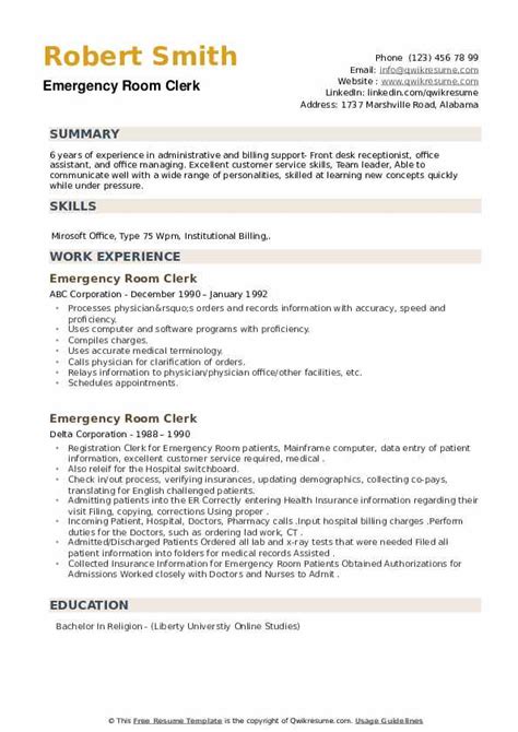 The emergency management plan considers any special processes undertaken in buildings (e.g. Emergency Room Clerk Resume Samples | QwikResume