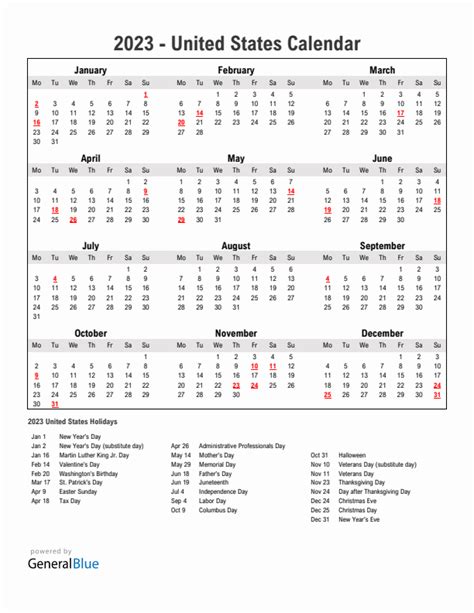 Year 2023 Simple Calendar With Holidays In United States