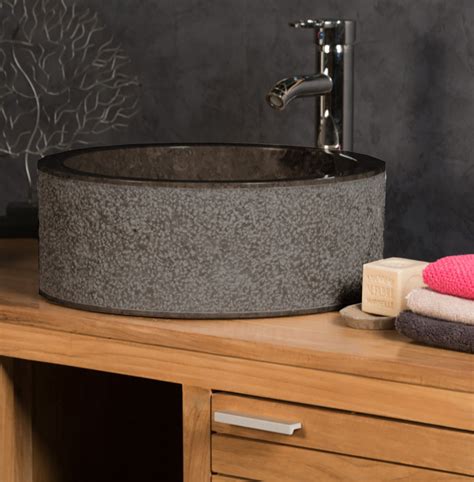 Grey Cylindrical Stone Sink Hammered Effect Outer Finish 40 X 15cm