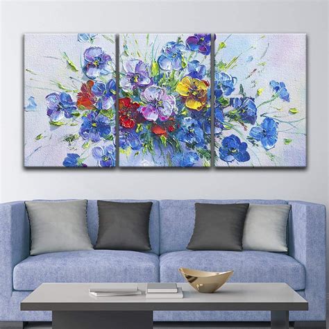 Wall26 3 Panel Canvas Wall Art Oil Painting Style Blue Flowers