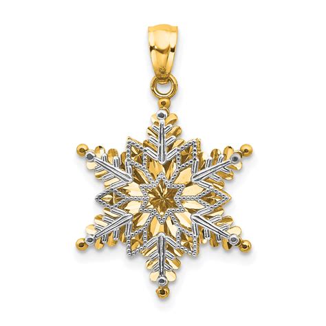 14k Two Tone Yellow Gold Textured 2 Level Snowflake Pendant Mothers Day