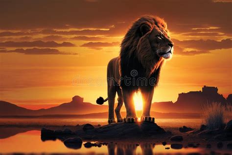 Lion King Stands With Sunset Background Stock Illustration