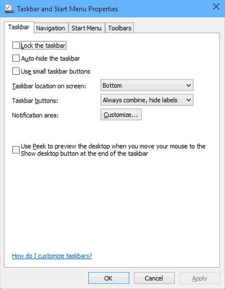 Open Taskbar And Start Menu Properties In Windows 10