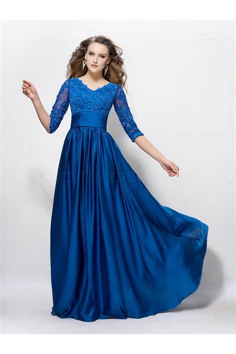 A Line Long Blue V Neck 3 4 Length Sleeves Lace Mother Of The Bride