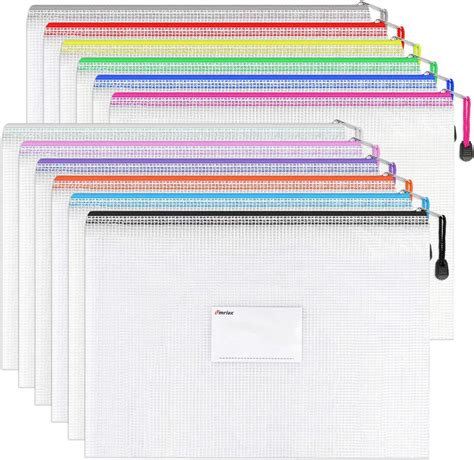Umriox A4 Plastic Zip File Document Folders With Label Pocket 12 Pack
