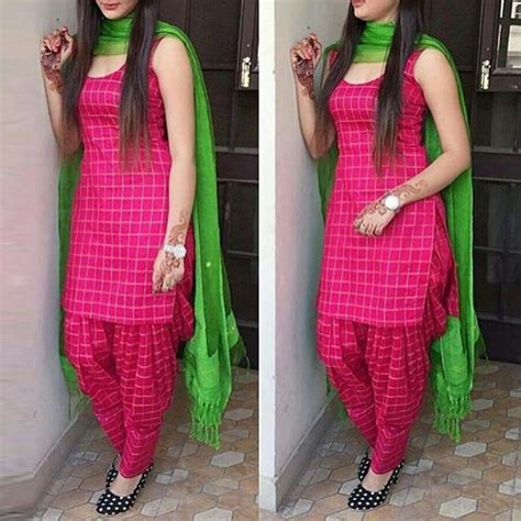 New Cotton Pink Color Patiala Salwar Suit With Green Dupatta Patiala Dress Patiala Suit