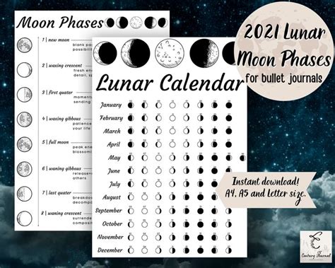 2021 Lunar Calendar Moon Print Printable Moon Phase Etsy Lunar