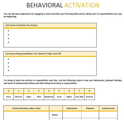 behavioralactivation psychotherapy worksheet template therapy