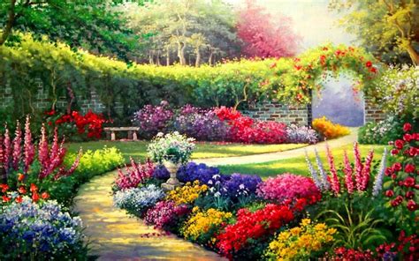 Vivid Flowers Way Entrance Sun Beaux Jardins Peinture Paysage Paysage