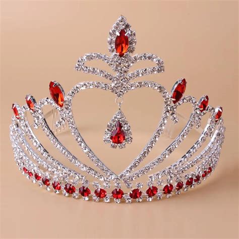 Fashion Metal Silver Rhinestone Red Crystal Heart Shape Tiara And Crown