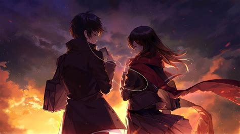 A place for fans of anime couples to view, download, share, and discuss their favorite images, icons, photos and wallpapers. Download 1600x900 Tateyama Ayano, Kisaragi Shintaro, Anime Couple, Back View, Sunset, Scenic ...