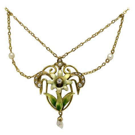 Art Nouveau Enamel Necklace Flower Swags Natural Pearl Lavaliere