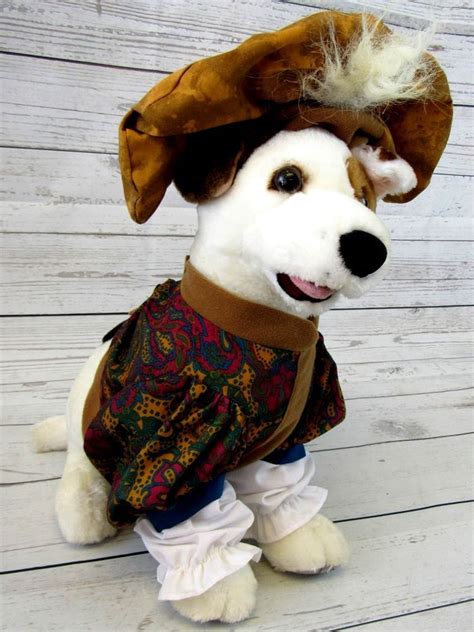 A White Dog Wearing A Brown Hat And Coat With Feathers On Its Head