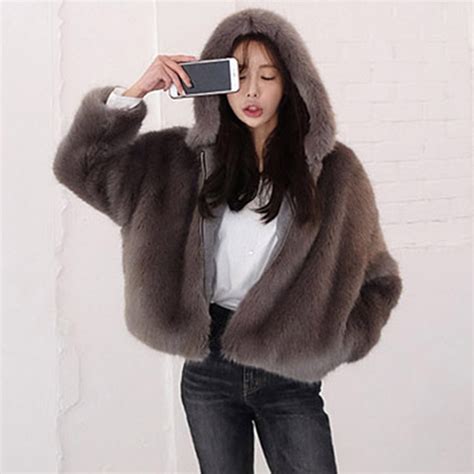 Korea Hooded Faux Fox Fur Jacket Long Sleeve Keep Warm Faux Fur Thick