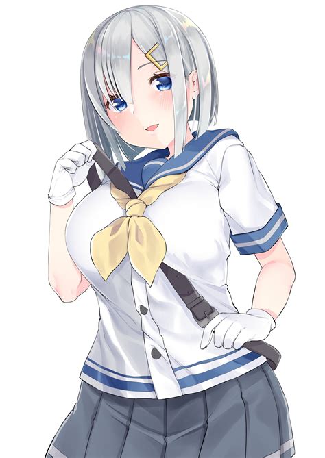 Wallpaper Hamakaze Kancolle Kantai Collection School Uniform White Background White Hair