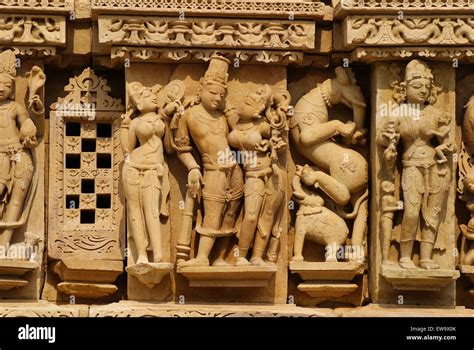 Romance And Love Historic Kama Sutra Statue Arts In Khajuraho Temple Walls At Madhya Pradesh