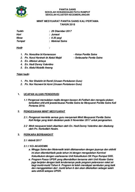 6.4 minggu sains dan matematik dijadualkan bermula pada 17 april 2018. Kali Kedua Contoh Minit Mesyuarat Panitia