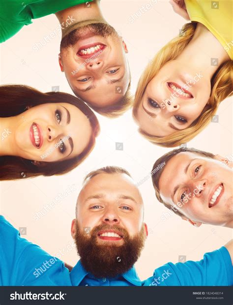 Happy Smiling Friends Standing Together Looking Stock Photo 1824048314