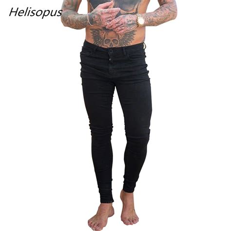 helisopus summer autumn men s skinny jeans streetwear jeans solid color black slim fit hip hop