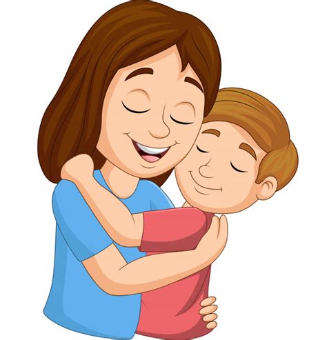 Dibujos animados niños imágenes y fotos de stock. Madre feliz de dibujos animados abrazando a su hijo | Vector Premium