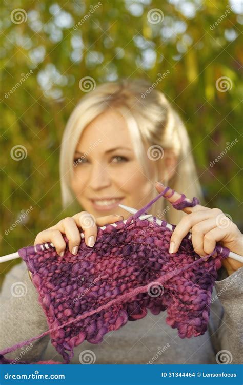 Woman Knitting Outdoor Stock Photo Image Of Wool Blond 31344464