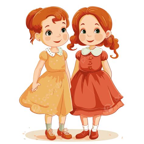Two Sisters Vector Sticker Clipart Two Little Girls In Dresses Cartoon